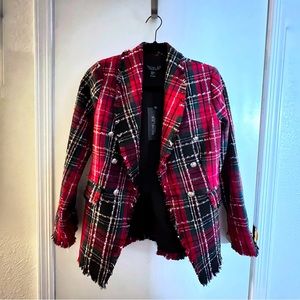 Rachel Zoe 4 way Plaid Blazer with Frayed Trim